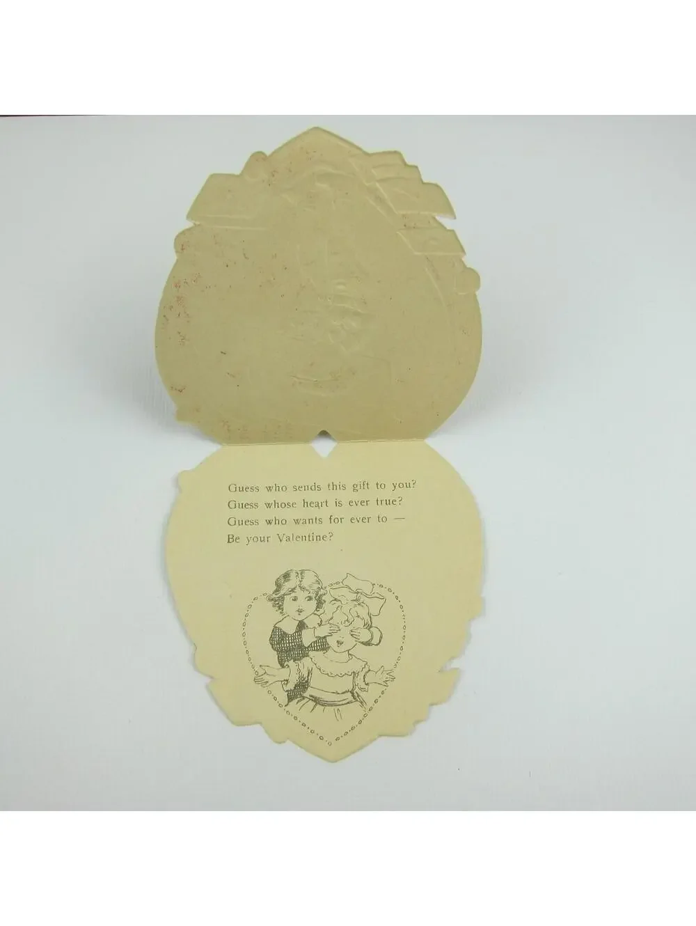 Vintage Valentine Card Die cut Boy Hat Red Rose Flowers Hearts Red Gold UNSIGNED
